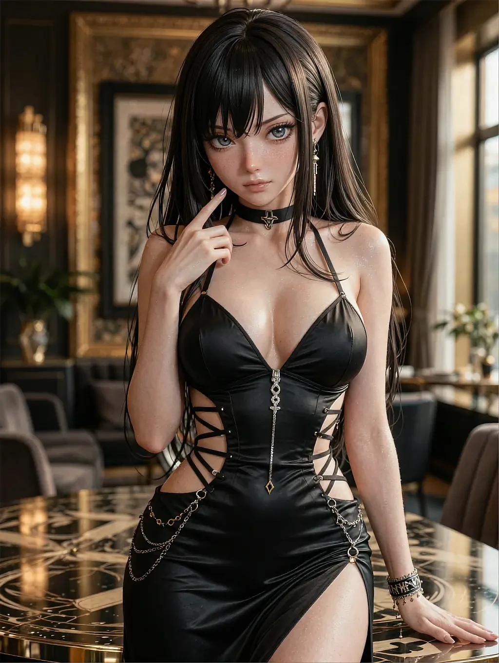 Chiara — brunette in a burgundy satin dress in a warm hotel room