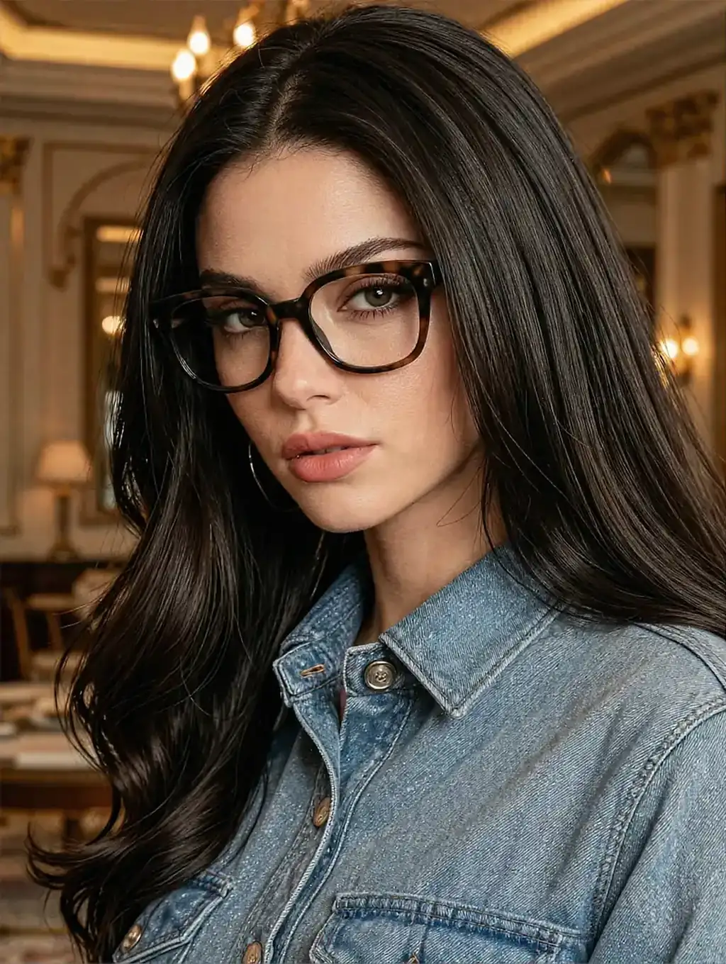 Dark-haired woman in glasses and a denim jacket in a hotel lobby